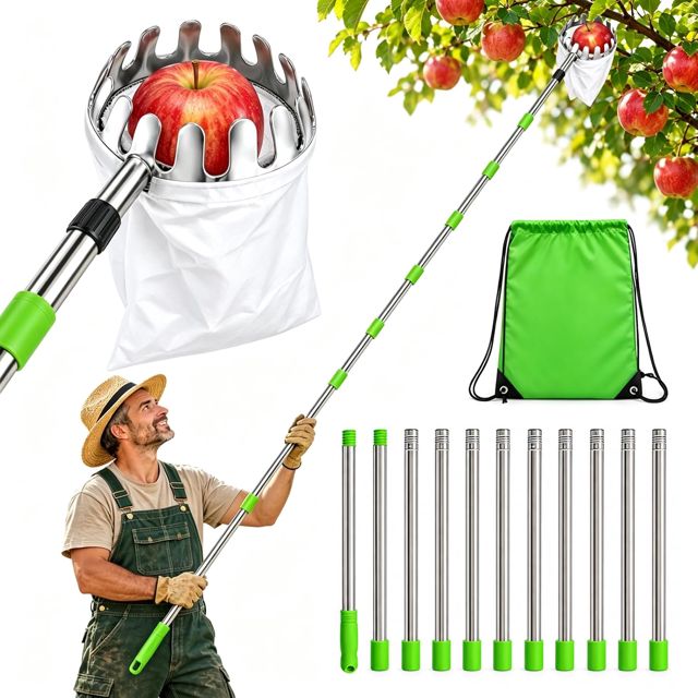4m Cueille Fruit Télescopique, Pomme avec Sac en Outil Cueillette, en Acier Inoxydable Cueilleur de Pommes Diamètre 16 cm, pour Cerises pour Poires, Agrumes, Orange
