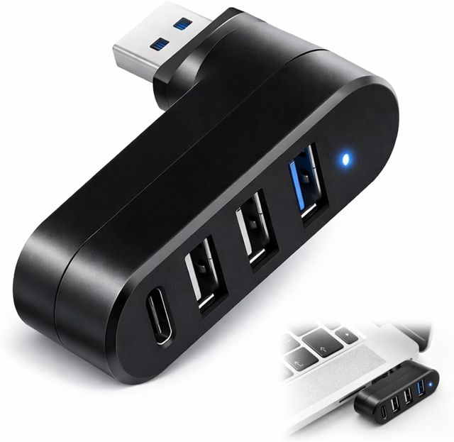 Hub 3.0 Rotatif [90°/180°] avec 3 Ports USB et 1 Port USB-C, Répartiteur Haute Vitesse USB Hub Expansion Hub pour Ordinateur Portable, Voiture, Mac Pro, iMac, MacBook Imprimanteet Plus