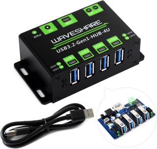 Waveshare 4-Ch USB 3.2 Gen1 HUB, Metal Case with Wall-Mount Support, Driver-Free, Plug-and-Play, Compatible with Windows/Mac OS/Linux/Android, etc