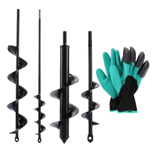 APACALI 4 Pièces Mèche Jardin Tariere pour Perceuse, Foreuse Jardin en Spirale avec Gants Jardinage, Outil de Plantation Pratique pour Faire Rapidement Trou et Planter des Fleurs Arbres Arbustes