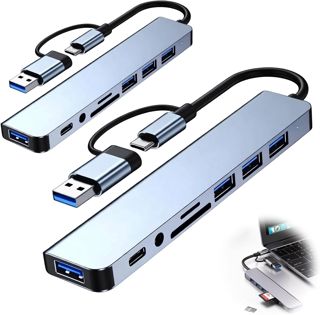 2PCS Hub USB C, Hub USB 3.0, Adaptateur multiport 8 en 2, Station compacte avec Ports USB, Lecteur SD TF, Prise Audio 3,5 mm, Sortie vidéo, Transfert Rapide pour PC, Tablette et Ordinateur