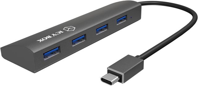 ICY BOX IB-AC6405-C hub USB 4 Voies avec cble USB Type-C & 4X Ports USB 3.0 (Type-A), cble intégré, Aluminium, Anthracite