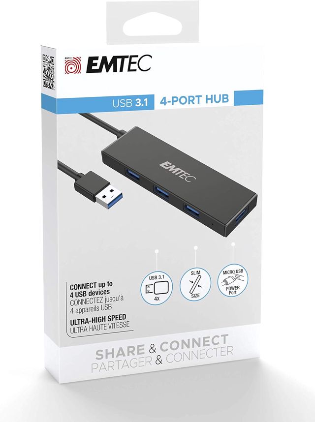 EMTEC, ECHUBT620A, Hub USB 4 Ports Ultra Slim, Connectez jusqu'à 4 périphériques USB-A simultanément, Transfert de données rapide, Alimentation micro-USB, Taille compacte, Noir