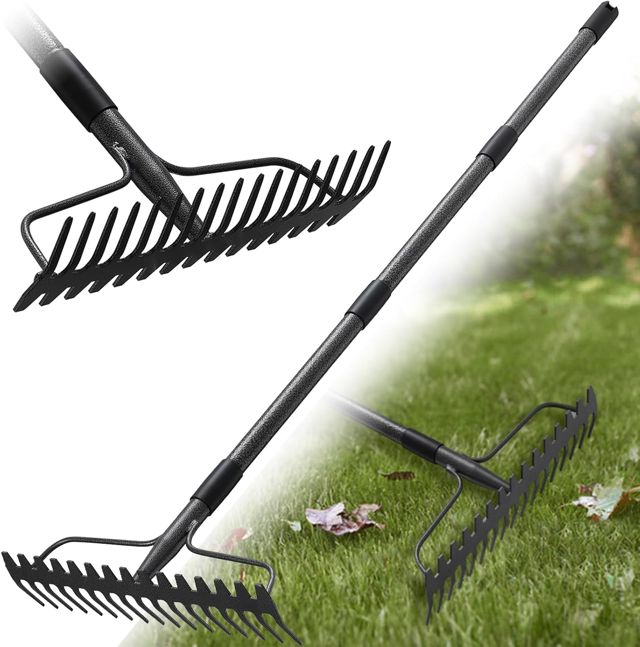 Râteau de jardin 150 cm - Râteau en métal robuste avec manche et 17 dents pour gazon, feuilles & sol | Râteau à gazon pour aérer, niveler & désherber | Râteau à foin durable pour cour