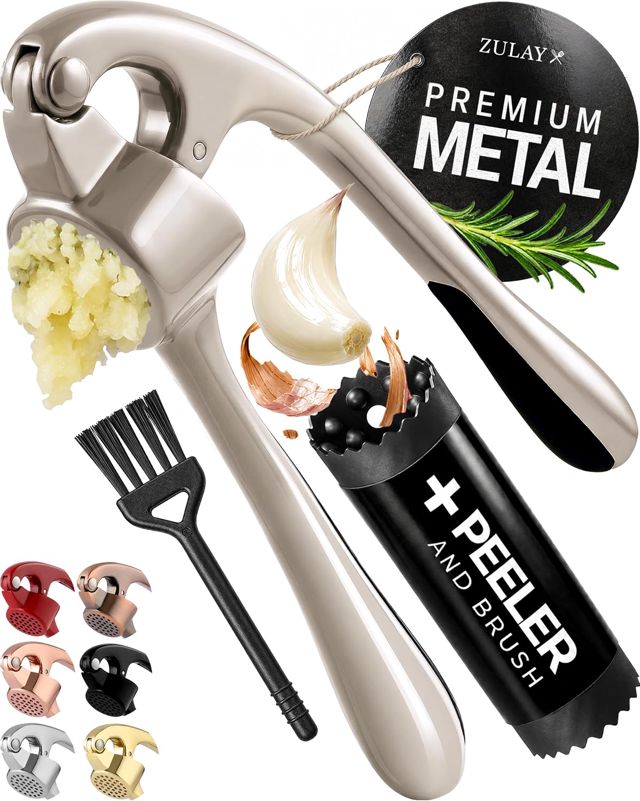 Zulay Kitchen Presse-Ail Premium – Presse Ail avec Éplucheur en Silicone et Brosse de Nettoyage – Ensemble de 3 Accessoires – Écrase-Ail avec Poignée Facile à Presser – Argent