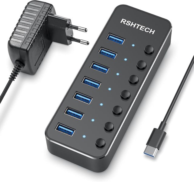 RSHTECH Hub USB C Alimenté, USB C to 7 Ports USB 3.0 Hub, RSH-518C