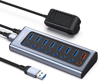 BENFEI Hub USB alimenté, hub répartiteur USB 3.0 8 Ports (7 Ports de Transfert de données Plus Rapides + 1 Port de Charge) avec Adaptateur Secteur et interrupteurs Marche/arrêt LED individuels