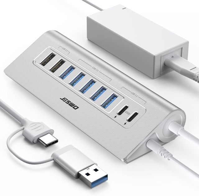 JESWO 65W Hub USB C Alimenté 9 Ports Aluminium Hub USB 3.2 10Gbps(USB A+C)