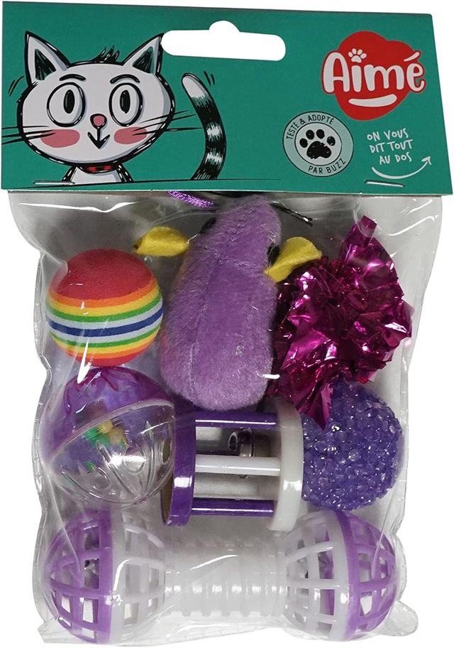 Aimé | Lot de 7 Jouets pour Chat Intérieur et Extérieur | Jeux Variés et Amusants | Facile à Ranger et à Transporter | Convient à Tous les Chats