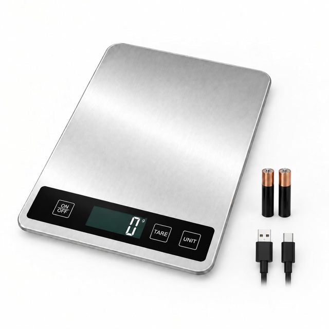 Balance de cuisine numérique, capacité de 22lbs / 10 kg, précision 1 g, acier inoxydable, double alimentation USB et batterie