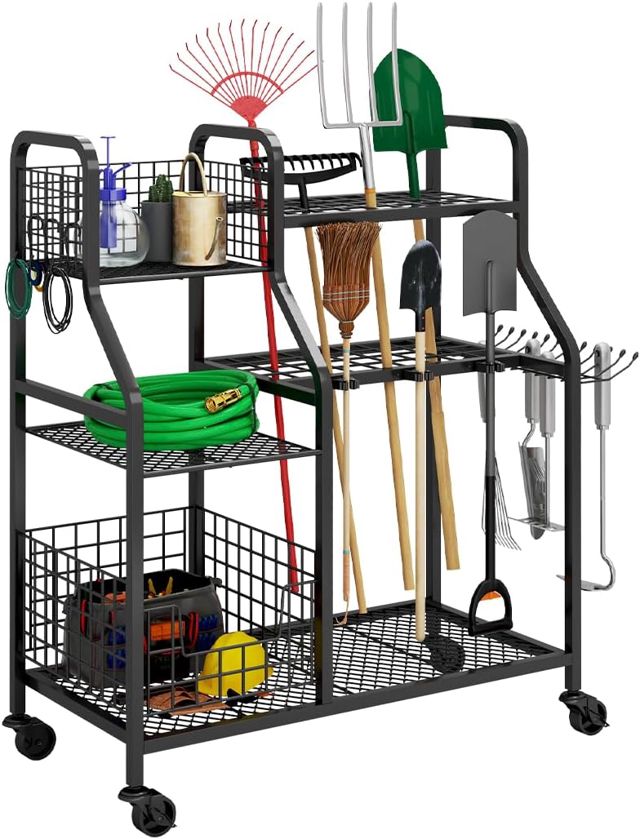 Rangement d'outils de jardin à roulettes 3 niveaux garage robuste noir max