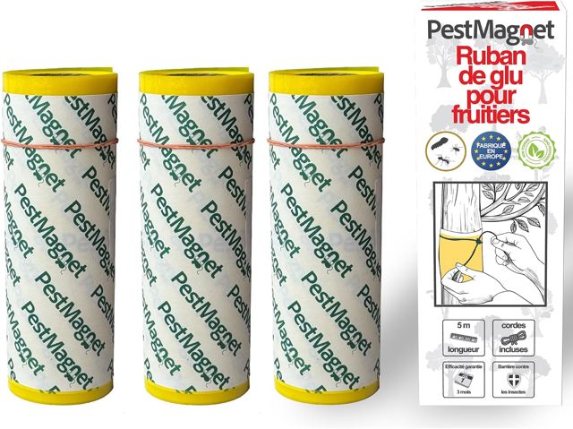 3X Bande de Colle pour Arbres 5 m – Jaune - Piège à Insectes Rampants, Fourmis, Chenilles –Non Toxique, Résistante à l’Eau–Ruban Collant pour Arbres Fruitiers Cerisiers Jardins–Facile à Appliquer