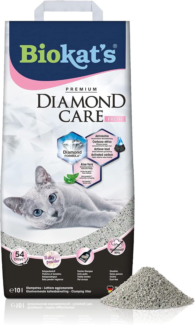 Biokat’s Diamond Care Fresh au parfum de talc - Litière fine pour chats au charbon actif et à l’Aloe vera - 1 sac (1 à 10 l)