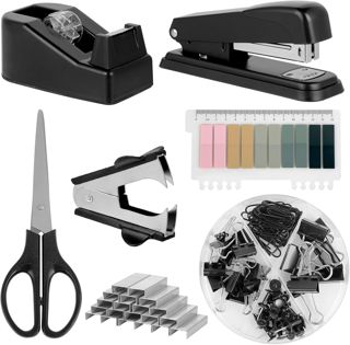 Set de fournitures bureau, comprenant perforatrice, agrafeuse, distributeur de ruban et accessoires de papeterie bureau, idéal pour chaque bureau