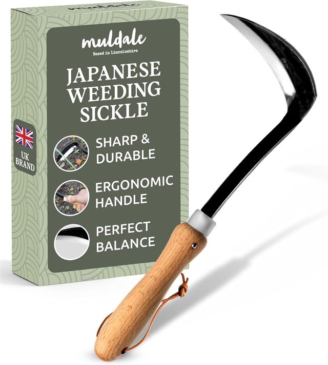 Muldale - Faucille japonaise de désherbage manuel - Houe incurvée de jardin avec lame en acier à haute teneur en carbone et manche ergonomique en bois de hêtre - Parfait pour désherbage entre les