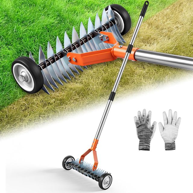 Scarificateur Manuel sur Roues,Scarificateur avec 166cm Poignée Réglable,Râteau à Gazonavec 21 Dents,Largeur de Travail de 32cm,Râteau Jardin pour Enlever l'herbe Morte, Peigner la Pelouse