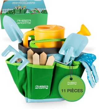 PHIBER-SPORTS Brouette pour enfants + outils de jardin en métal - Brouette avec pelle, balais, râteau à feuilles et autocollants pour enfants