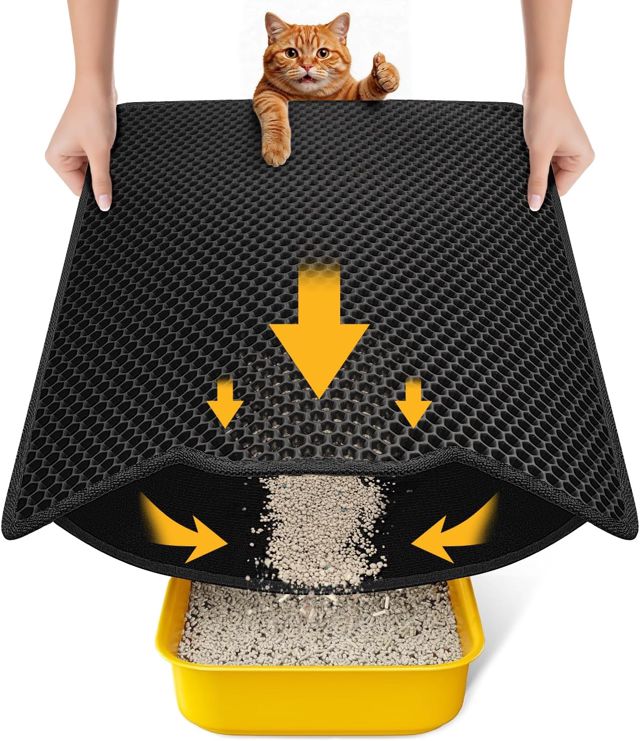 Conlun Tapis de Litière Chat 58x42cm, Double Couche Nid d'Abeille, Imperméable et Lavable, Antidérapant, Résistant à l'Urin Tapis de Litière pour Chat, Noir