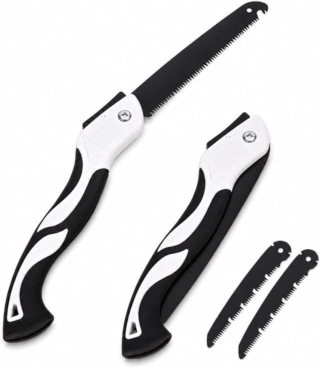 Scie pliante avec 2 lames de rechange en acier SK5 – Scie d'élagage avec poignée ergonomique antidérapante et verrouillage de sécurité, pour jardinage, taille des arbres, camping et extérieur