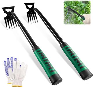Lot de 2 Outil de Désherbage, Désherbeurs 5 et 6 Dents, Extracteur de Mauvaises Herbes en Acier Inoxydable, Outil de Jardinage Manuel avec Gants de Protection, Arrache Racine (2 Pcs)