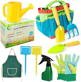 Jouets de Jardin,10 Pieces Sac de Jardinage, Outils de Jardinage,Pelle Rateau Arrosoir Gant Tabliers et Sac de Jardin, Set d’Outils de Jardin,Cadeaux de Jardinage