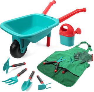 CUTE STONE Brouette Enfants Ensemble d'outils jardinage pour enfants, jouets jardin avec brouette, gants, râteau à main, pelle, double houe, jouets d'intérieur et d'extérieur, cadeau garçons et filles