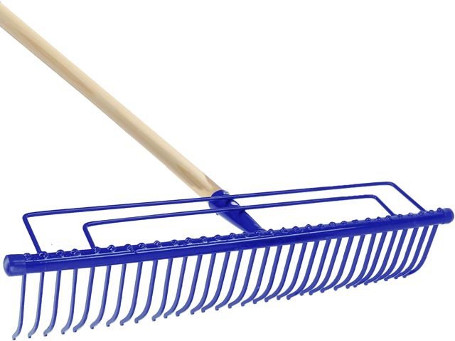 KADAX râteau en métal, à copeaux longs, tête renforcée, manche en bois, outil de jardin robuste, gazon (32 dents, bleu)