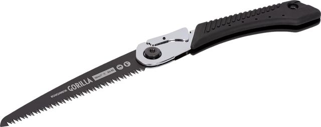 Scie d'élagage pliante Roughneck Gorilla Fast Cut avec lame de 180 mm, denture triple affûtée et revêtement PTFE, acier chromé, verrouillage de sécurité, œillet pour dragonne et étui