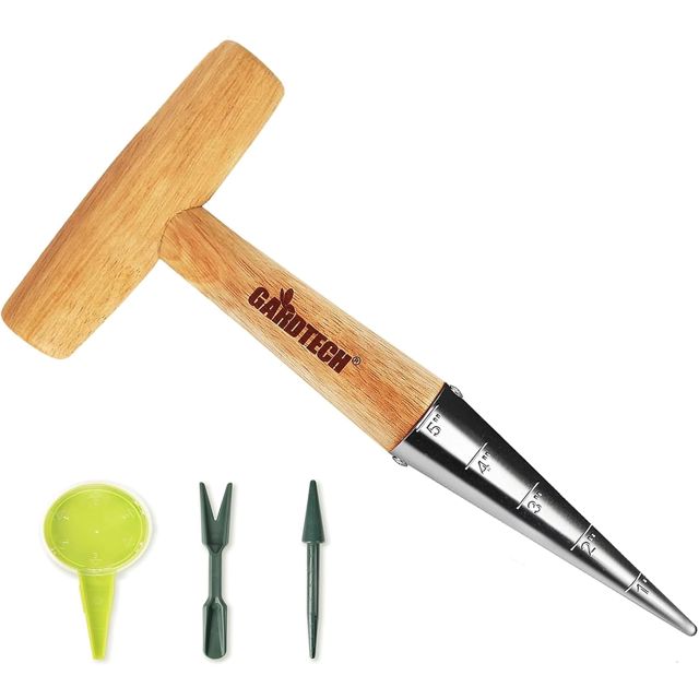 Gardtech Plantoir Lot de 4 Outils de Jardinage Traditionnels en Acier Inoxydable avec Graduation et Manche en Bois