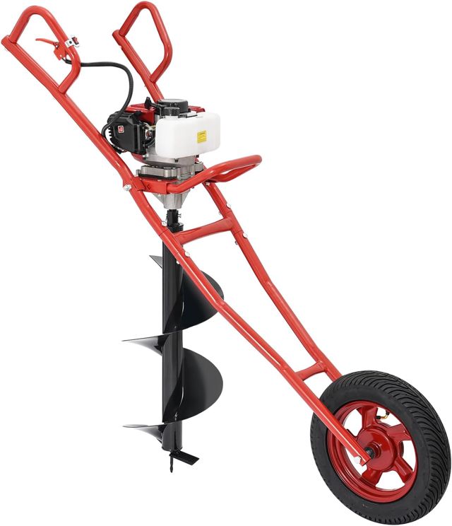 Tarière à essence 52 cc 2 temps avec brouette + foret de 30 cm - Foret de poteau à essence 8800 tr/min - Foret de jardin Earth Auger 1,46 kW - Pour poteaux de clôture, horticulture, arbres, plantes