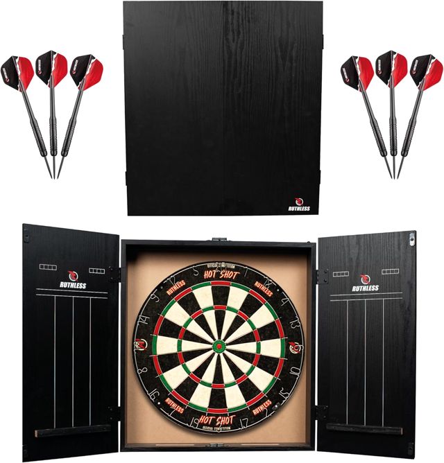 Ruthless Home Darts Centre | Options d'éclairage LED | Centre de fléchettes domestique avec armoire, cible de fléchettes et 2 jeux de fléchettes (USB)