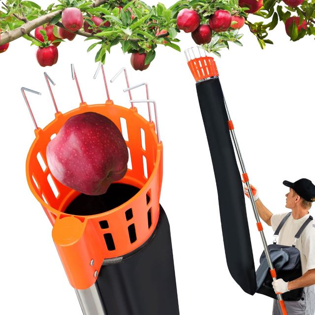 BOUDECH Pametik - Classeur de fruits en entonnoir avec poignée télescopique 4 m avec support et sac en tissu pour récolte de pommes oranges poires orange et noir