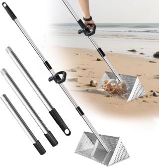 Râteau à puces de Sable en Acier Inoxydable, Tamis à Sable Amovible avec Manche Long de 140 cm, avec poignée antidérapante pour Plage