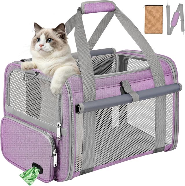 Sac Transport Chat Approuvé Aviation Sac Transport Chien Respirant et Pliable Caisse de Transport Chat avec Bandoulière Réglable Portable Cage Transport Chat avec Tapis Réversible (Violet)