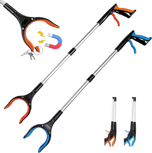 Pince Ramasse Objet Pliable, Lot de 2 Outils de Ramassage avec Tête Rotative et Aimant Pince à Déchet Extension Pinces Telescopique Pince de Préhension pour Âgées,Handicapées,Enceintes,Enfants