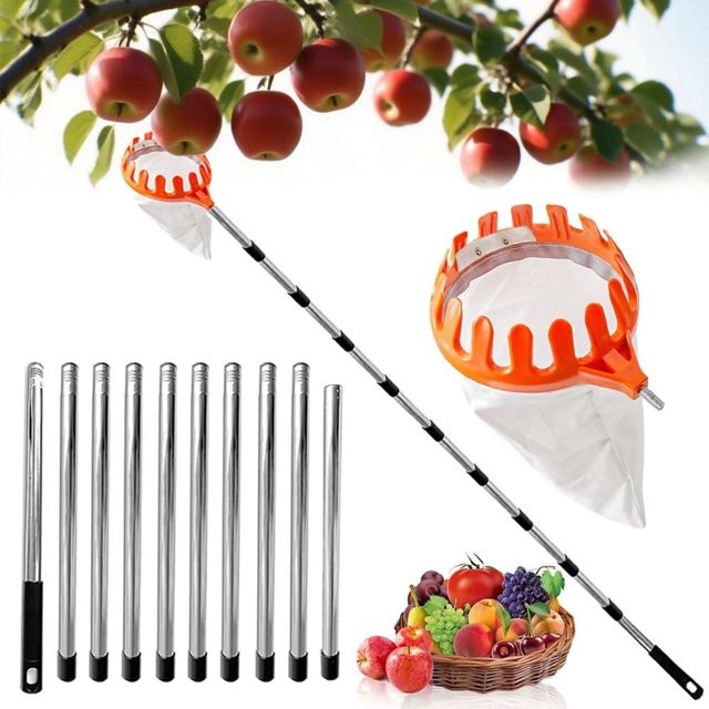 Cueille-fruits avec manche télescopique jusqu'à 4,2 m, cueille-cerises, cueille-fruits avec lame de coupe, cueille-fruits, cueille-prunes, cueille-cerises avec sac en coton