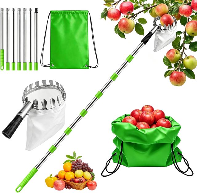 4M Cueille Fruit Telescopique, Vert Perche pour Cueillir Les Fruits en Acier Inoxydable avec Sac en Tissu, Ramasse Pomme pour Pommes, Poires, Oranges, Pêches