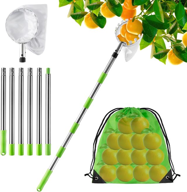 KOMABLEN 2.4M Cueille Fruit Telescopique, Ramasse Pomme INOX et Sac de Rangement, Poteau Réglable Cueille Fruit pour Pommes Poires Oranges Pêches Cerises