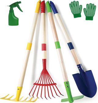 LATERN 6 Pièces D'outils de Jardinage pour Enfants, 71CM Métal Grande Pelle Râteau Houoche Feuilles Râteau avec Bois Manche, Arrosoir, Gants - pour Enfants Extérieur Jardin Cour Pelouse Creuser Jouer
