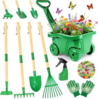 IEEILULU Brouette Enfant, Outils Jardinage Enfant avec Pelle Bêche Râteau Gants Tablier Arrosoir, Set Jardinage pour Garçons et Filles 3 4 5 6+ Ans, Jouet Jeux Exterieur Enfants (Vert)