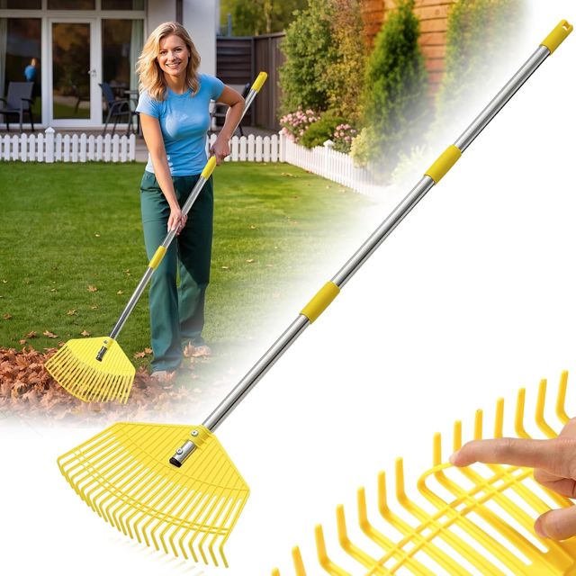 Râteau à feuilles de jardin avec manche de 190 cm, 23 dents solides en plastique, tête d'arbuste, râteau à feuilles 42 cm de large, râteau de jardin pour pelouse, feuillage, jaune
