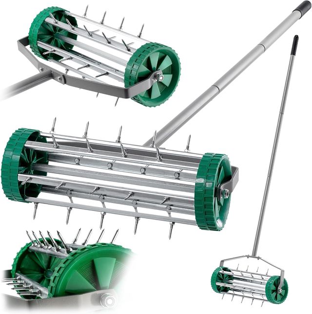 KADAX Scarificateur manuel, aérateur de gazon en acier robuste, aérateur manuel avec clous de 3,3 cm, aérateur de sol avec poignée ergonomique, rouleau à pointes robuste (148 cm)