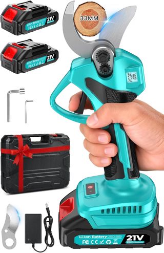 Sécateur Électrique Sans Fil, Léger Secateur electrique, Moteur sans balais, Capacité de Coupe de 33mm, avec Écran LCD, 2 batteries, & Lames de rechange, pour le Jardinage, les Branches, les Oliviers