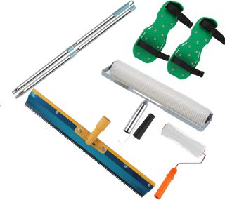 EXLECO Kit D'outils de Ciment Autonivelant avec Raclette Dentée 56CM, Rouleau Debulleur 50CM, Rouleau à Pointes 23CM, Chaussure a Pointe Ragreage 30MM, Gants de Travail pour Niveler le Sol Composé
