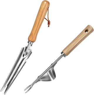 2 Pcs Outil de désherbage Manuel à poignée en Bois Désherbeur en Acier Inoxydable, Outil de Tonte, extracteur de Mauvaises Herbes, Pelle de désherbage, pour Creuser Le Jardin