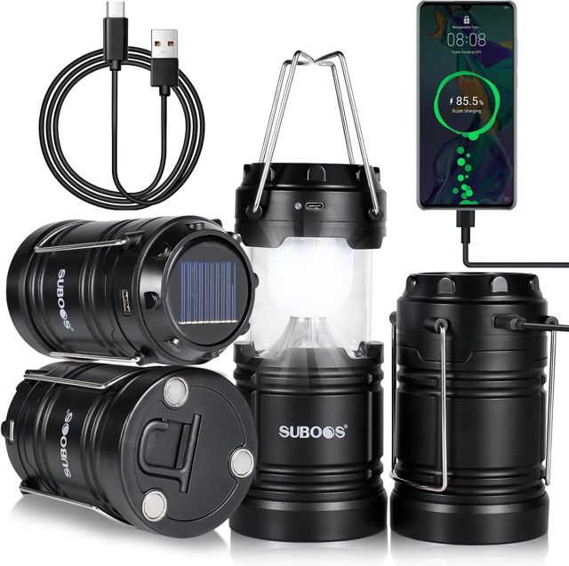 Lot de 2 Lanterne de Camping Rechargeable 3 en 1 - Lampe Solaire Camping avec Batterie Remplaçable, USB-C, AA, Solaire, 15H+ Éclairage LED, Portable pour Randonnée/Urgence