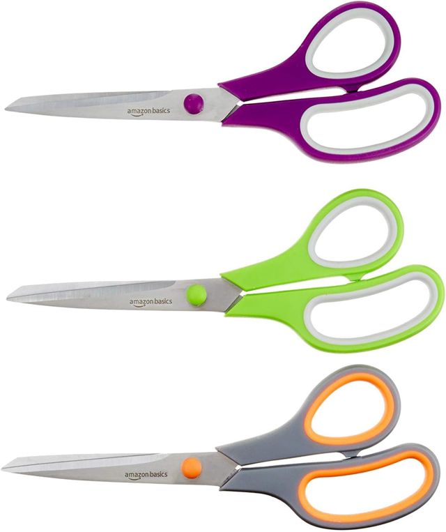 Amazon Basics Lot de 3 Ciseaux en Acier Inoxydable, Prise Confortable, Multifonction, Polyvalent, Revêtement PVD, Bureau, Maison, Cuisine, Multicolore