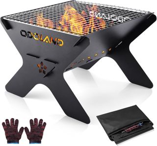 Odoland Camping Fire Pit, Portable Brasero Extérieur pour Camping, Barbecue à Foyer en Bois 2 en 1 avec Grille de Cuisson Amovible pour Barbecue en Plein Air, avec Sac de Transport