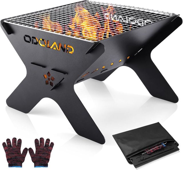 Odoland Camping Fire Pit, Portable Brasero Extérieur pour Camping, Barbecue à Foyer en Bois 2 en 1 avec Grille de Cuisson Amovible pour Barbecue en Plein Air, avec Sac de Transport