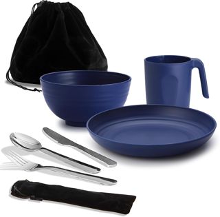 Kit d'ustensiles de Camping Reanea amping Mess pour Voyage, Camping, Pique-Nique, Plein air, équipement de Camping Comprenant Couteau, cuillère, Fourchette, Couverts, Tasse, Bol, Assiette, Essentiel